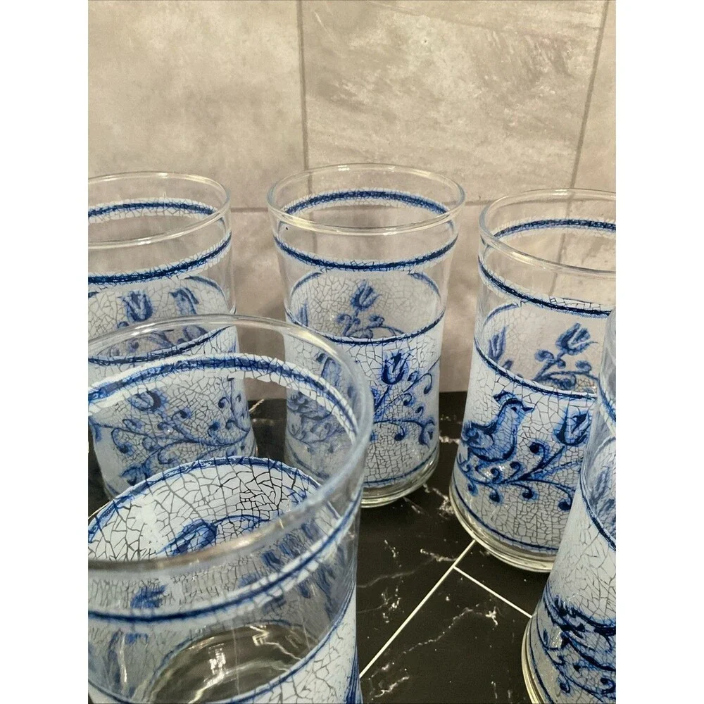 Libbey 10 oz glasses Frosted Blue bird and flower 5.25” X 2.50” Set of 11